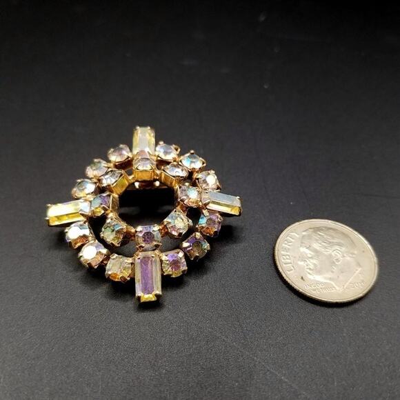 Vintage Aurora Borealis Rhinestone Gold Plated Small Brooch, 1 3/8 Inches - Picture 2 of 4